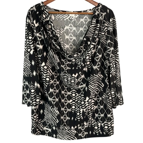 Vintage Tradition Printed Cowl Neck Top Black White Grey 3/4 Sleeves Pullover 2X - Picture 2 of 11
